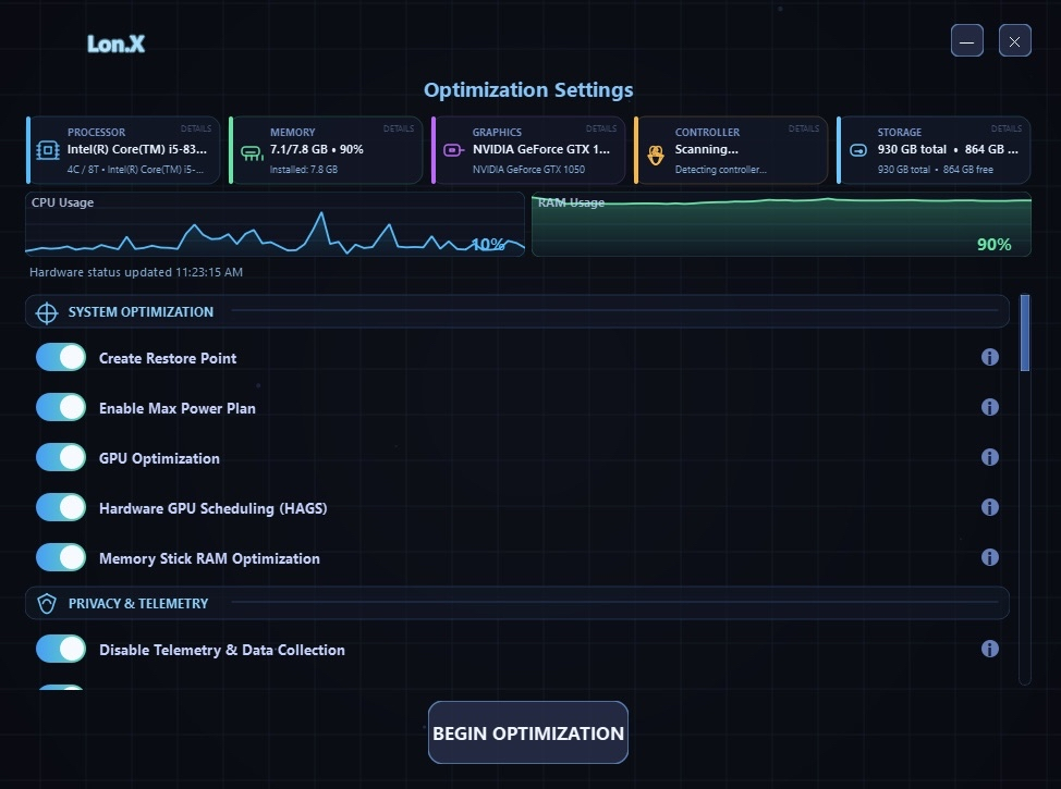 PC optimization screenshot