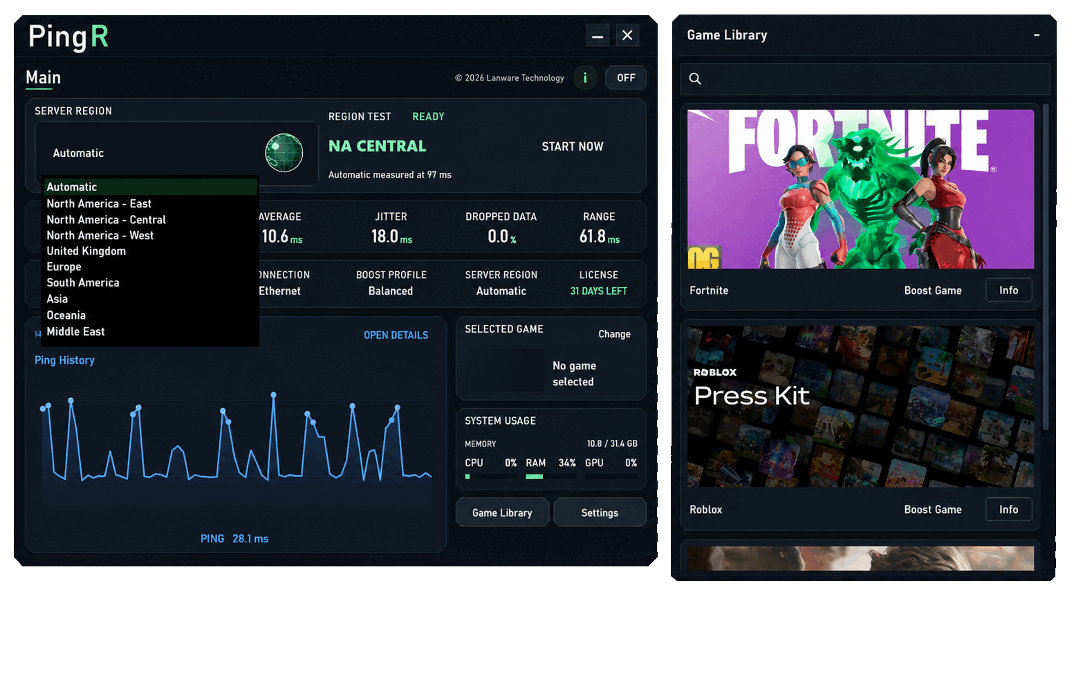 PingR game library and region controls