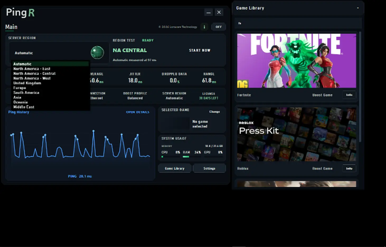 PingR game library and region controls