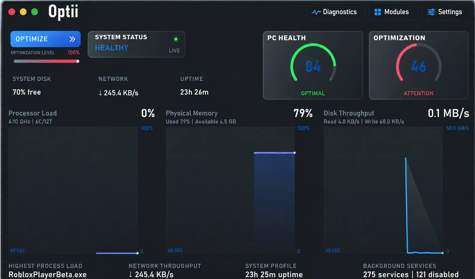 Optii PC Optimizations dashboard