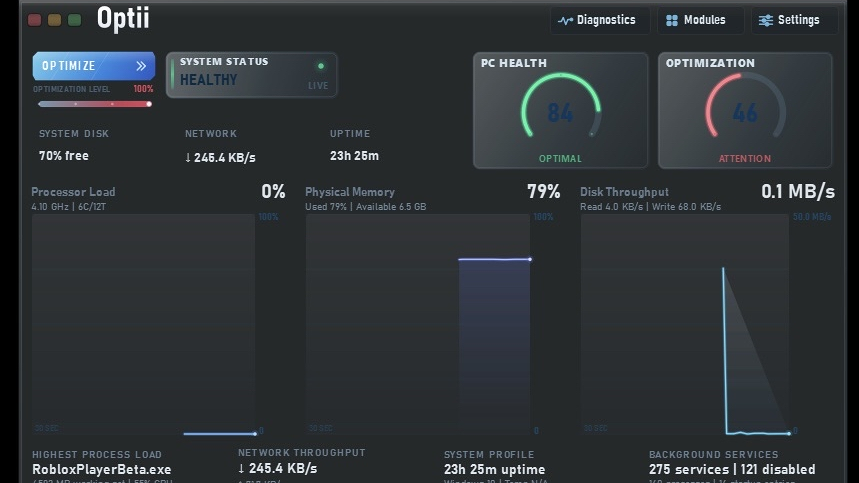 Optii PC Optimizations dashboard