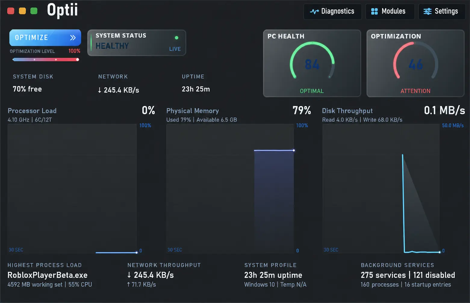 Optii PC health dashboard