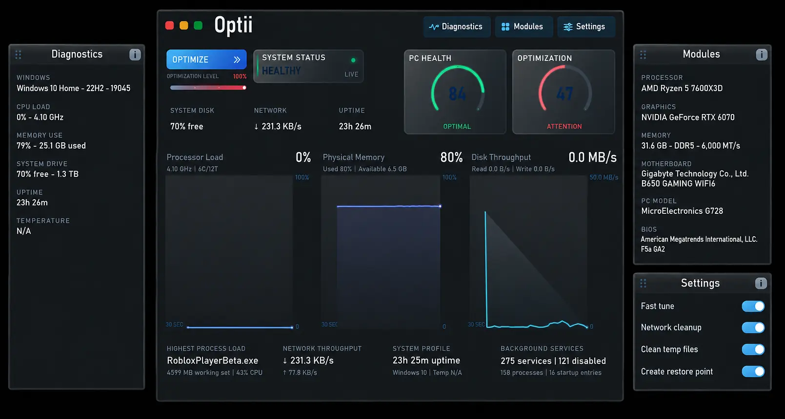 Optii diagnostics and optimization controls