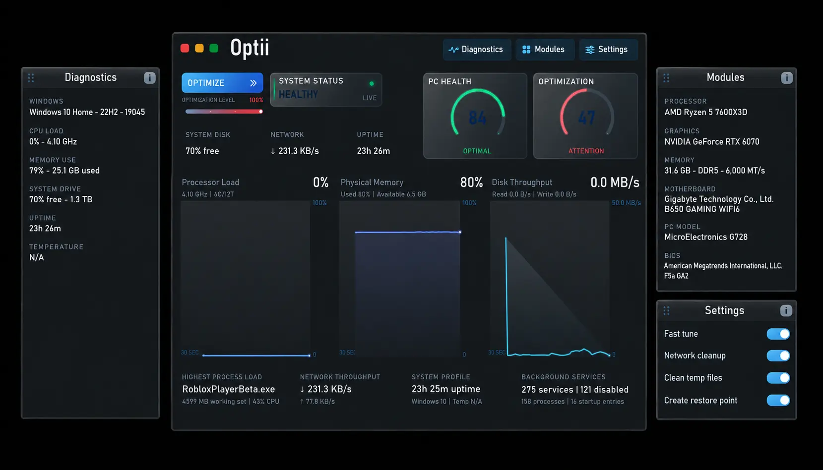 Optii diagnostics and optimization controls